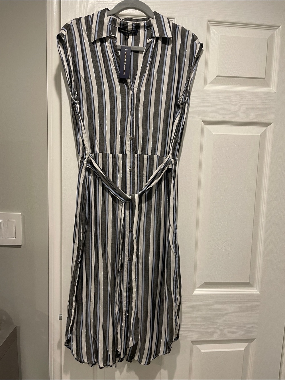 Adrienne Vittadini Striped Button-Down Shirt Dress -GrayWhiteLight Blue Metallic
